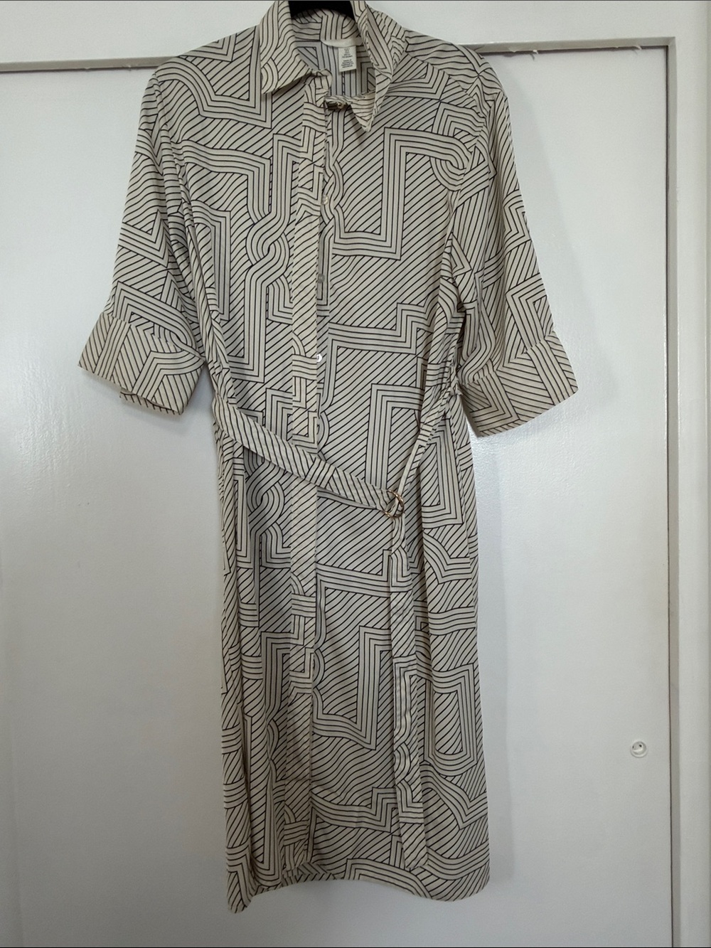 H&M Button-Front Midi Dress in White with Black Geometric Print Small